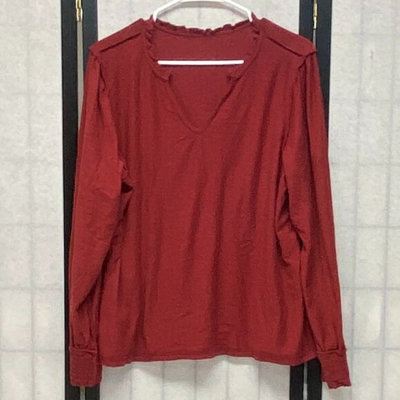 Sonoma Ruffle Open V-Neck Knit Top Long Sleeve Shirred Cuff Blouse Rust XL - Picture 5 of 12